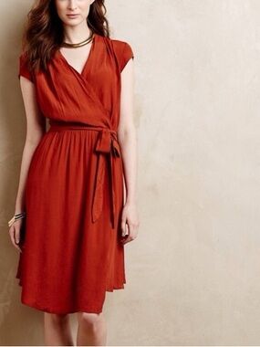 Anthropologie Maeve Noronha Rust Faux Wrap Dress with Tie Waist